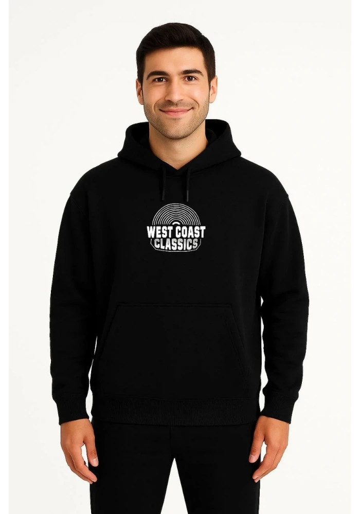 Erkek Kapşonlu Sweatshirt Oversize Üç İplik Şardonlu West Coast Classics Ön Arka - Siyah