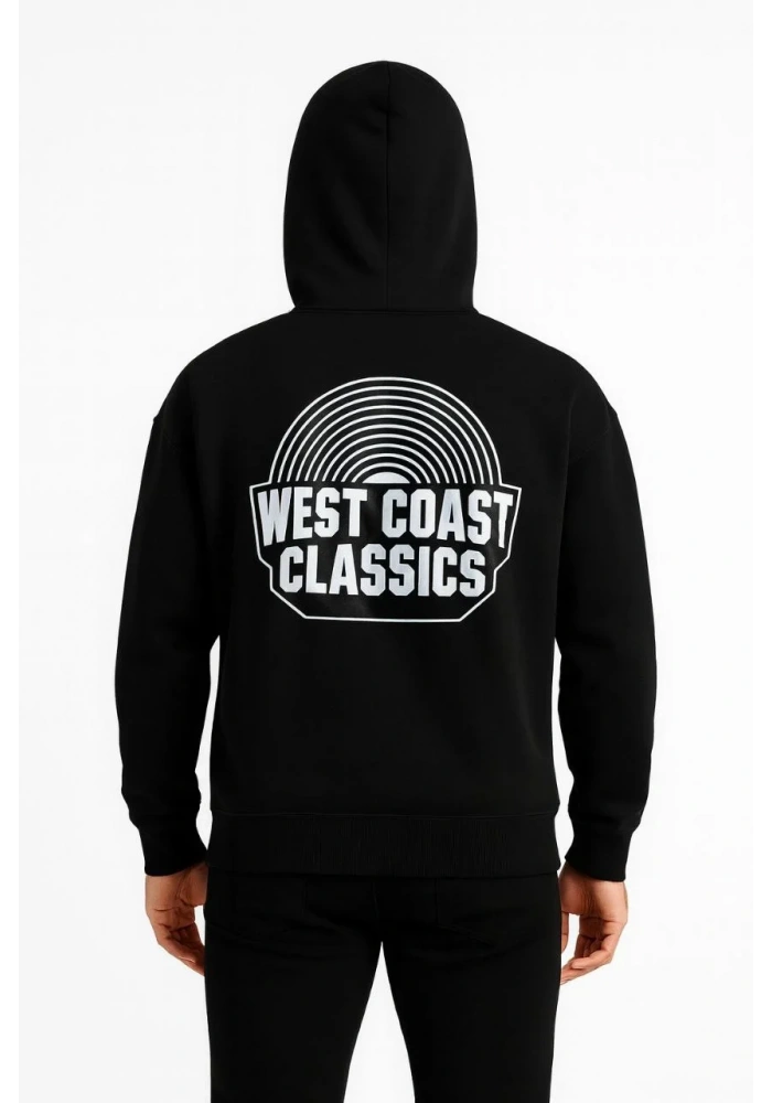 Erkek Kapşonlu Sweatshirt Oversize Üç İplik Şardonlu West Coast Classics Ön Arka - Siyah