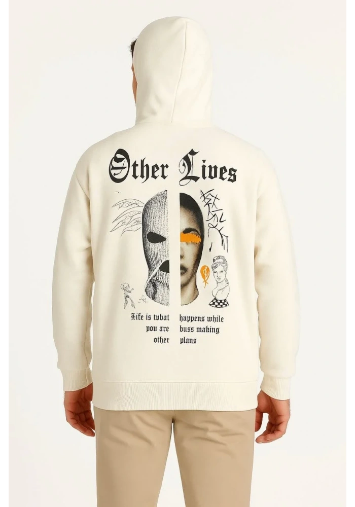 Erkek Kapüşonlu Kanguru Cepli Sweatshirt 3 İplik Pamuklu Baskılı Hoodie - Beyaz