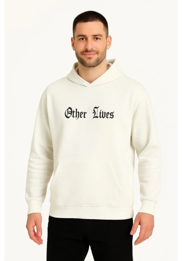 Erkek Kapüşonlu Kanguru Cepli Sweatshirt 3 İplik Pamuklu Baskılı Hoodie - Beyaz
