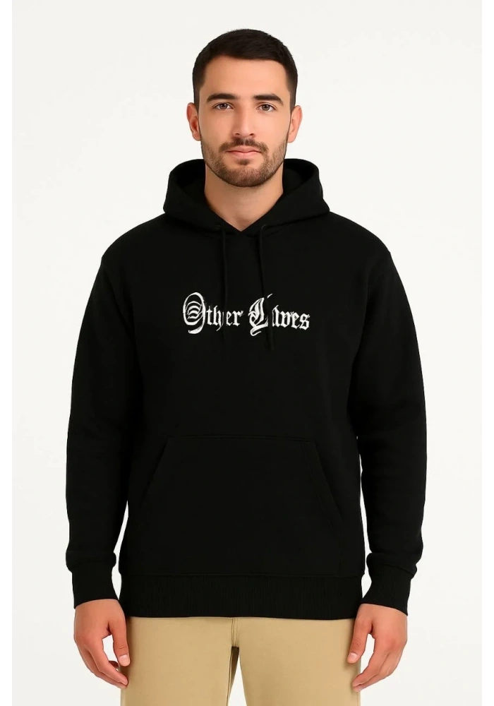 Erkek Kapüşonlu Kanguru Cepli Sweatshirt 3 İplik Pamuklu Baskılı Hoodie - Siyah