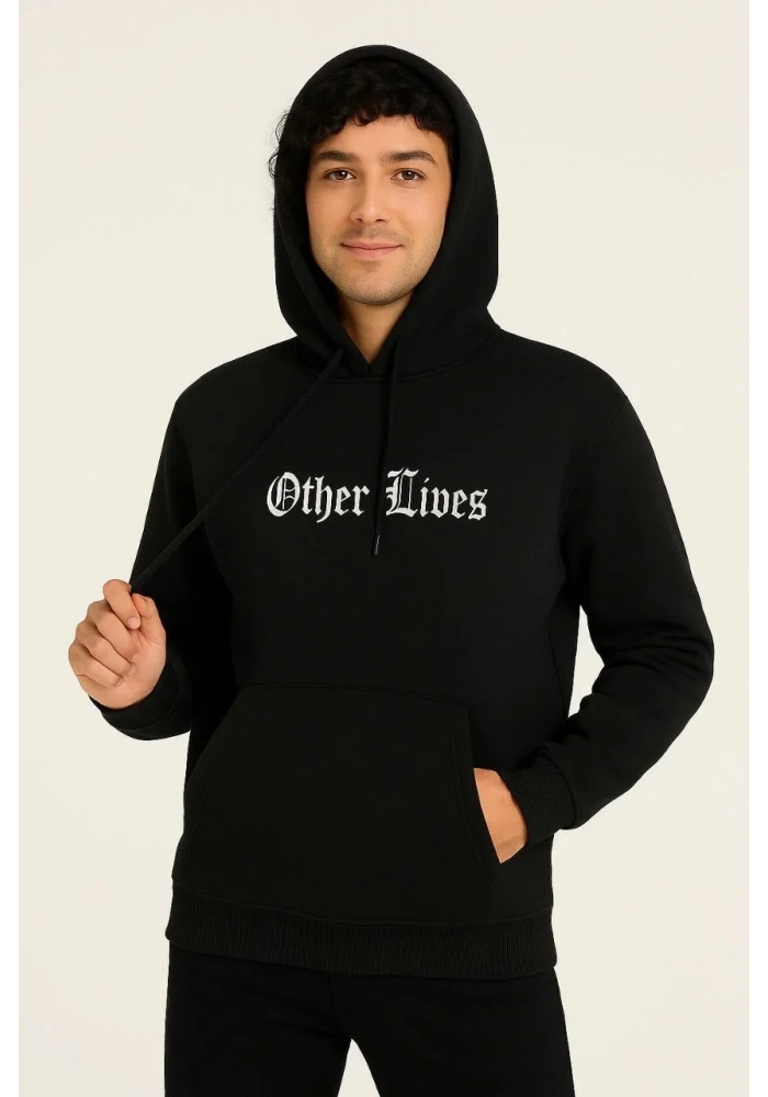 Erkek Kapüşonlu Kanguru Cepli Sweatshirt 3 İplik Pamuklu Baskılı Hoodie - Siyah