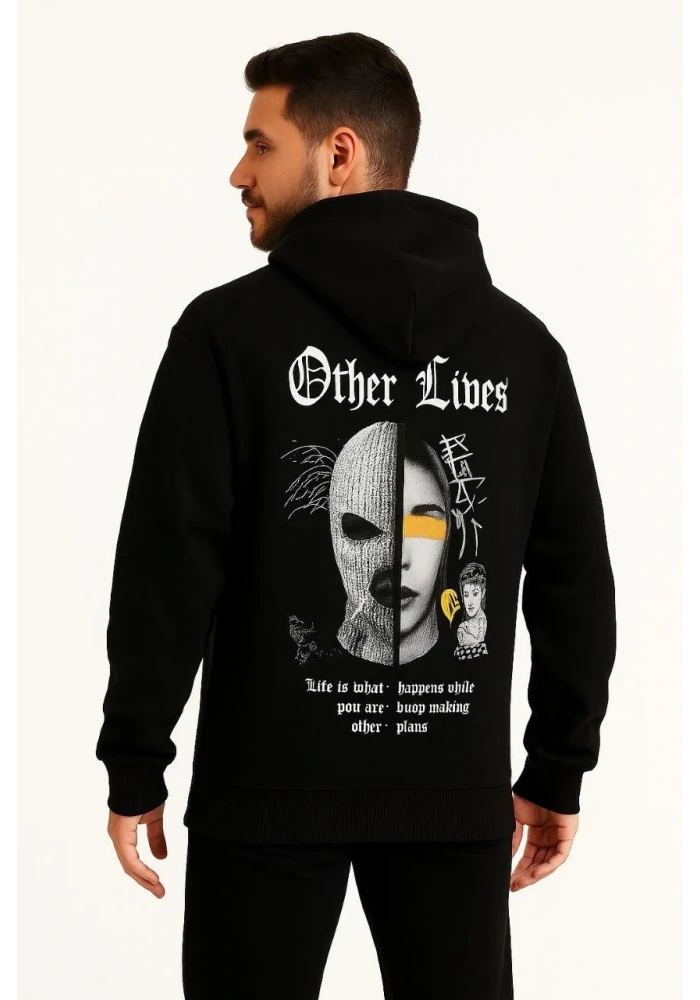 Erkek Kapüşonlu Kanguru Cepli Sweatshirt 3 İplik Pamuklu Baskılı Hoodie - Siyah