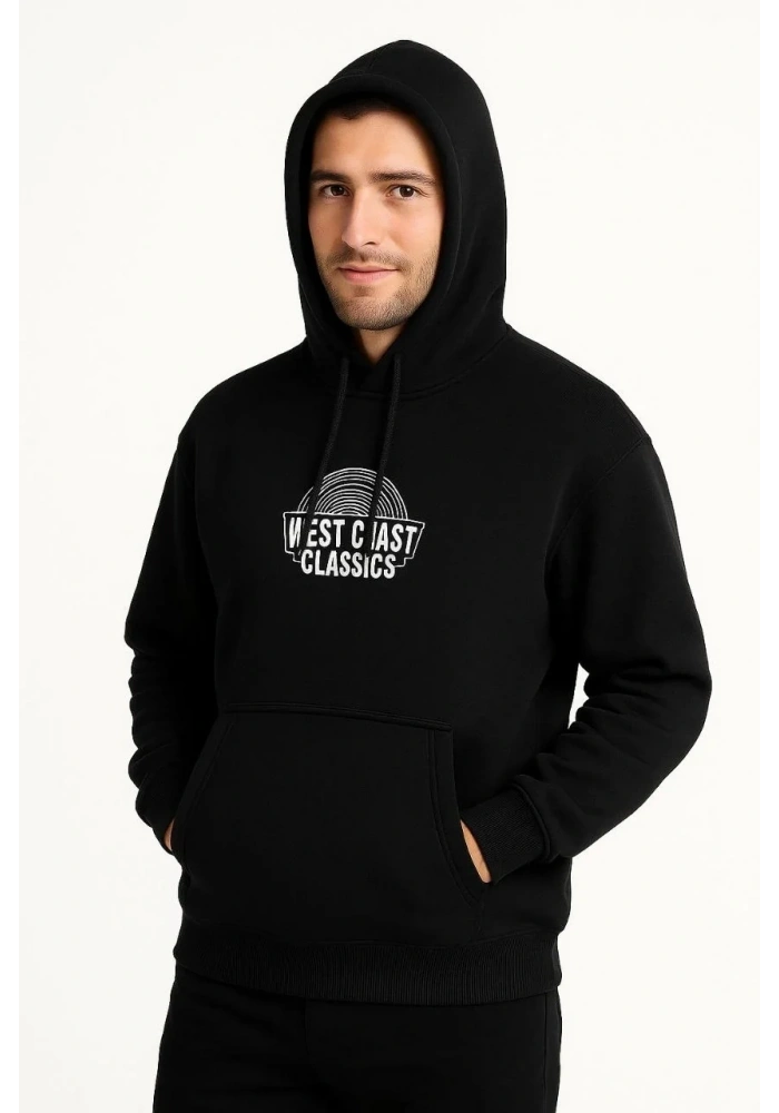 Erkek Kapüşonlu Kanguru Cepli Sweatshirt 3 İplik Pamuklu Baskılı Hoodie -  Siyah