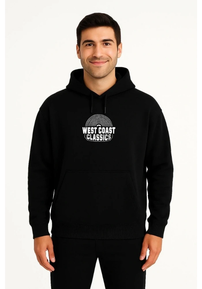 Erkek Kapüşonlu Kanguru Cepli Sweatshirt 3 İplik Pamuklu Baskılı Hoodie -  Siyah