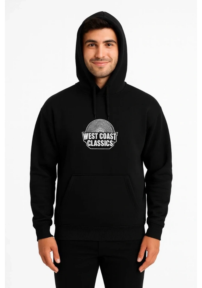 Erkek Kapüşonlu Kanguru Cepli Sweatshirt 3 İplik Pamuklu Baskılı Hoodie -  Siyah
