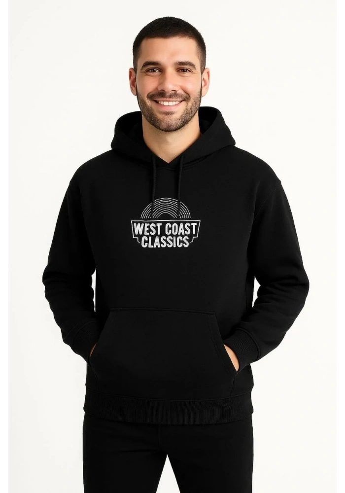 Erkek Kapüşonlu Kanguru Cepli Sweatshirt 3 İplik Pamuklu Baskılı Hoodie -  Siyah