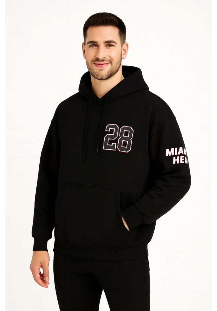 Erkek Kapşonlu Sweatshirt Üç İplik Şardonlu Oversize Fit Ön Arka Baskılı Kanguru - Siyah