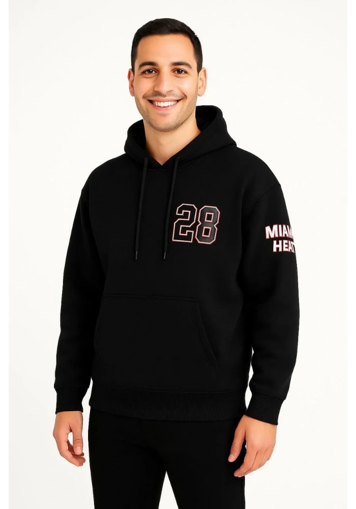 Erkek Kapşonlu Sweatshirt Üç İplik Şardonlu Oversize Fit Ön Arka Baskılı Kanguru - Siyah