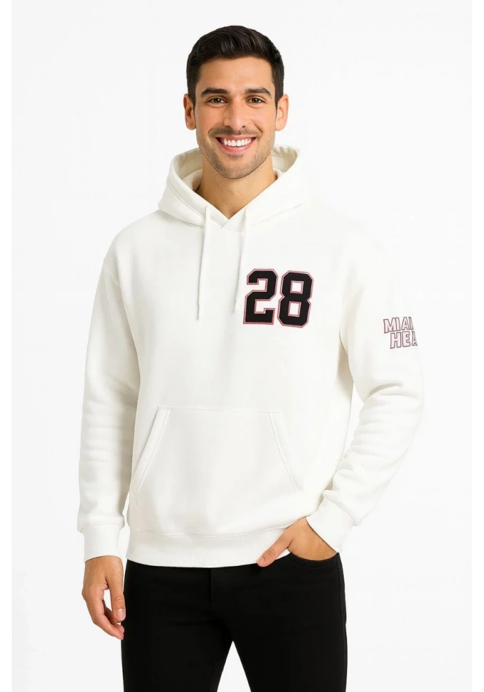 Erkek Kapşonlu Sweatshirt Üç İplik Şardonlu Oversize Fit Ön Arka Baskılı Kanguru - Beyaz