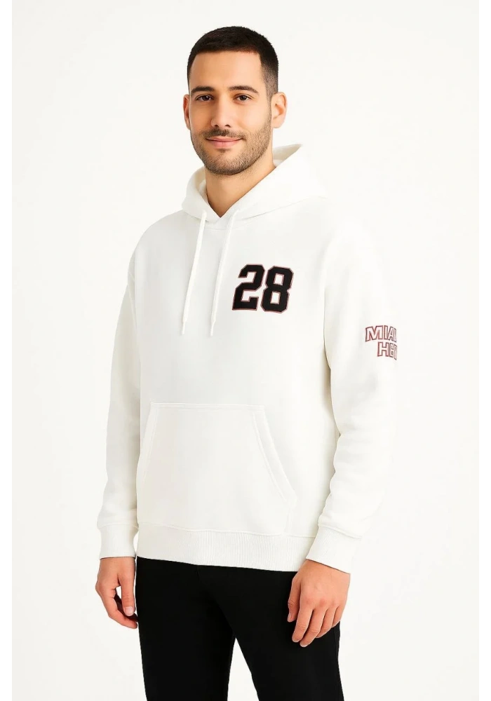 Erkek Kapşonlu Sweatshirt Üç İplik Şardonlu Oversize Fit Ön Arka Baskılı Kanguru - Beyaz
