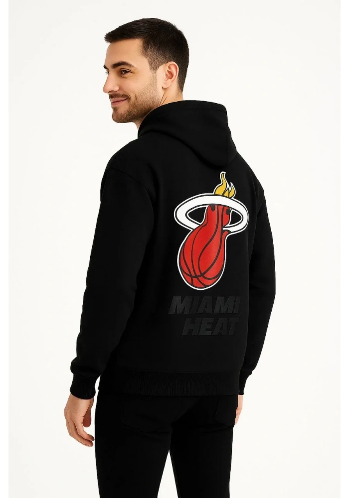 Erkek Kapşonlu Sweatshirt Üç İplik Şardonlu Oversize Fit Ön Arka Baskılı Kanguru - Siyah