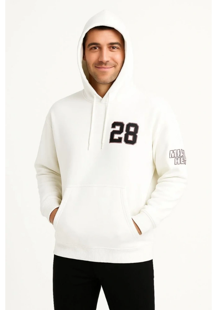 Erkek Kapüşonlu Kanguru Cepli Sweatshirt 3 İplik Pamuklu Baskılı Hoodie - Beyaz