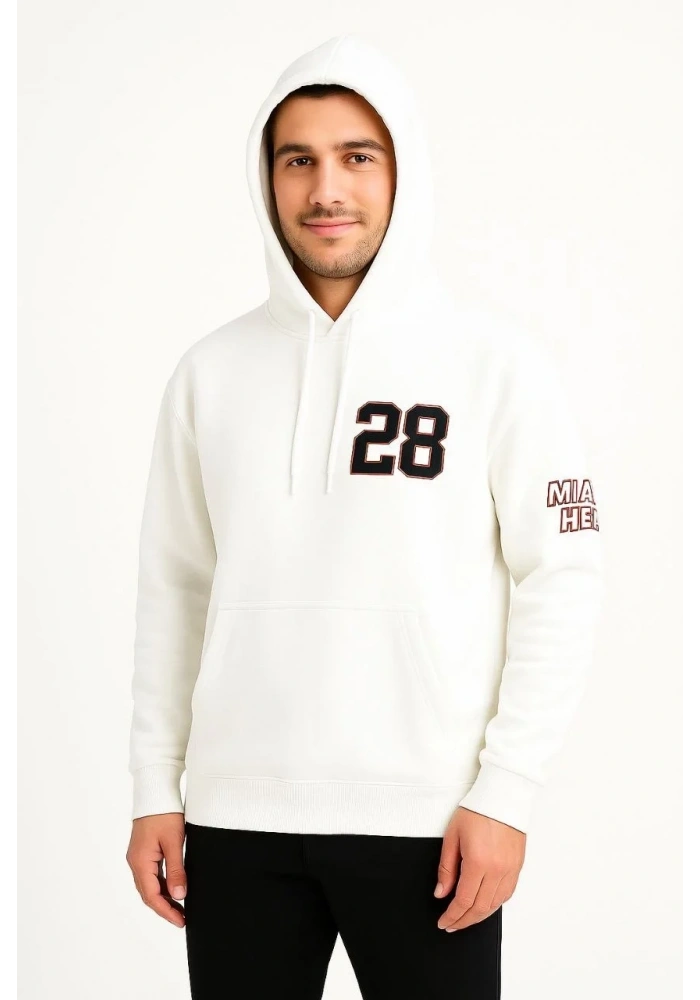 Erkek Kapüşonlu Kanguru Cepli Sweatshirt 3 İplik Pamuklu Baskılı Hoodie - Beyaz