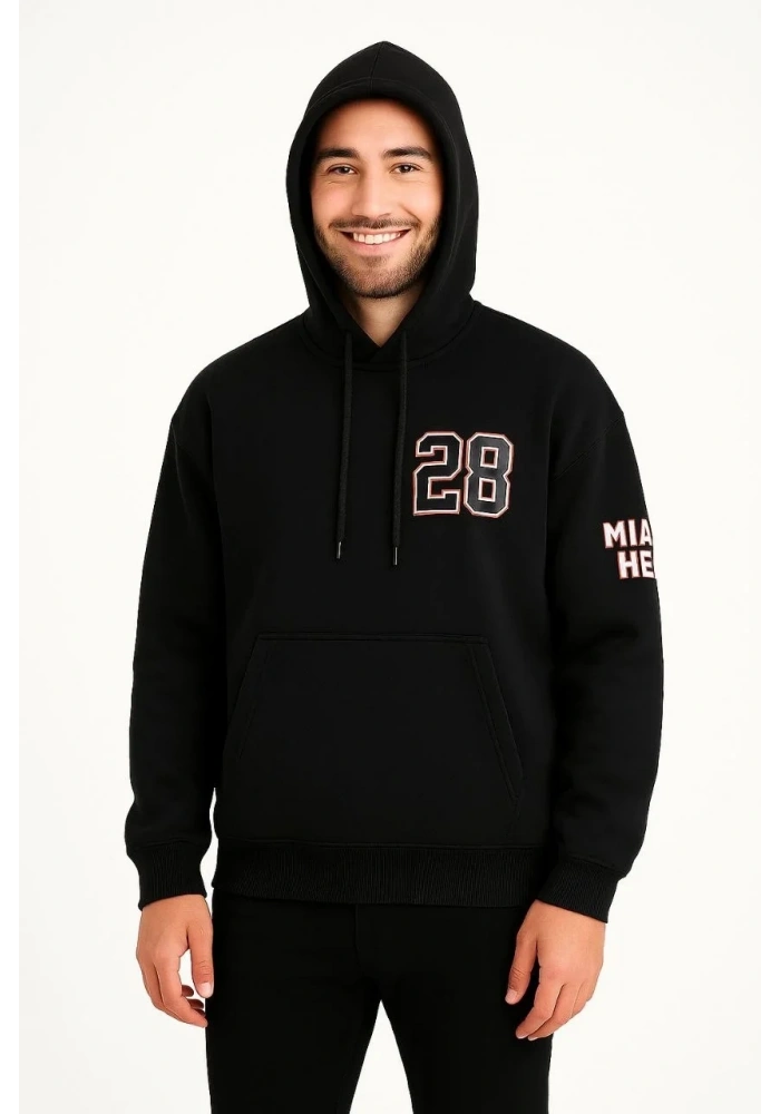 Erkek Kapüşonlu Kanguru Cepli Sweatshirt 3 İplik Pamuklu Baskılı Hoodie - Siyah