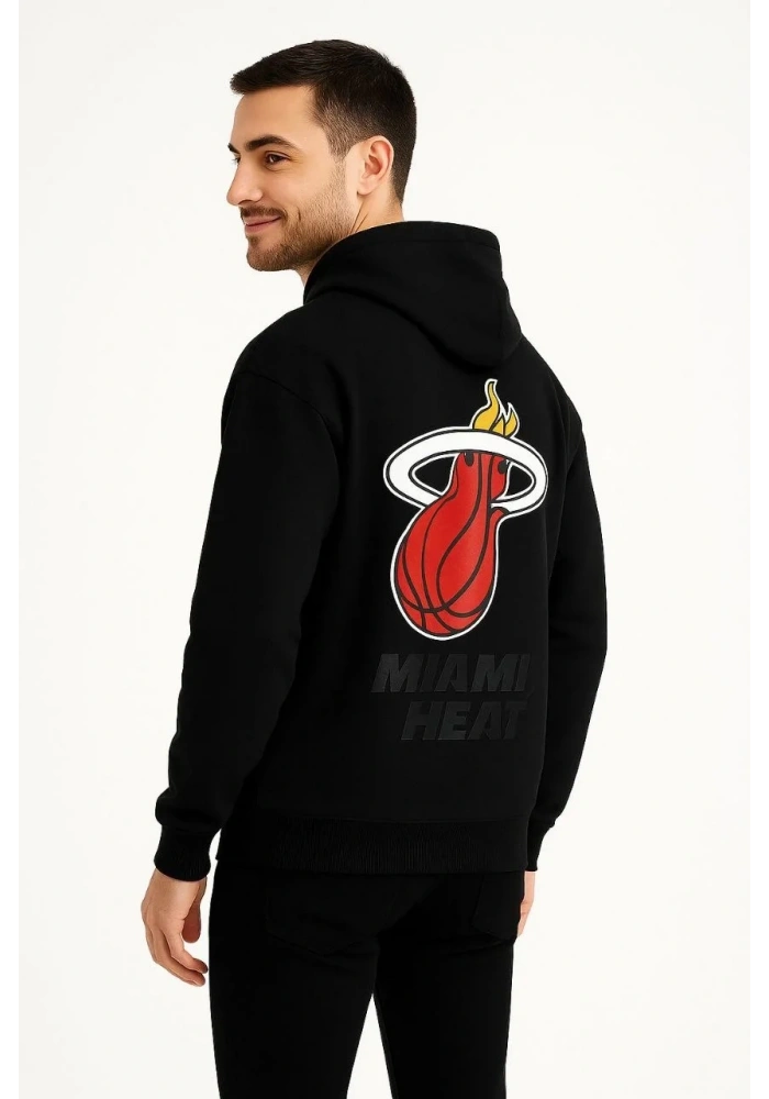 Erkek Kapüşonlu Kanguru Cepli Sweatshirt 3 İplik Pamuklu Baskılı Hoodie - Siyah