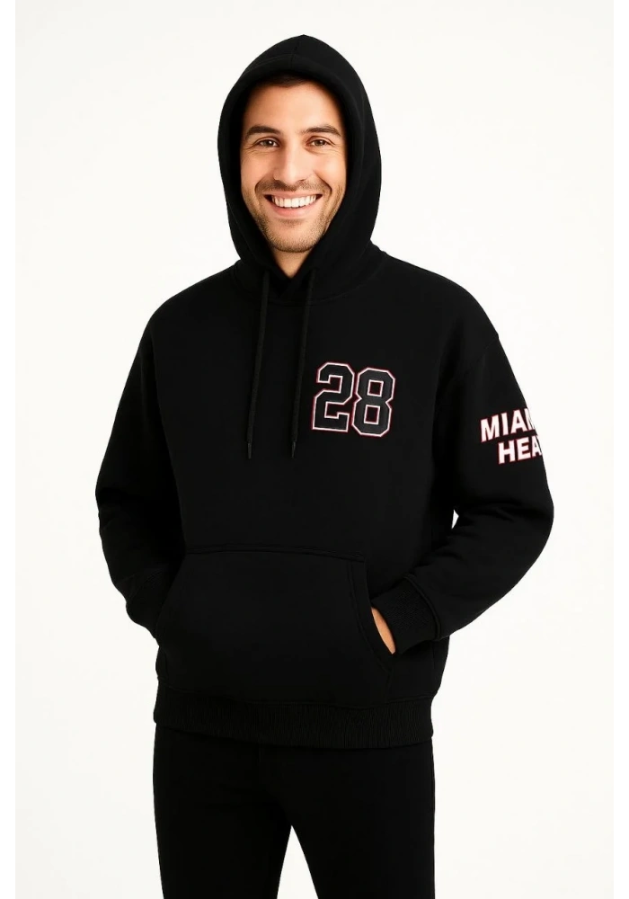 Erkek Kapüşonlu Kanguru Cepli Sweatshirt 3 İplik Pamuklu Baskılı Hoodie - Siyah