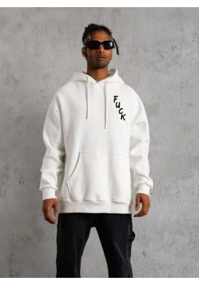 Erkek 3 İplik Pamuklu Kapüşonlu Baskılı Cepli Oversize Sweatshirt Hoodie - Beyaz