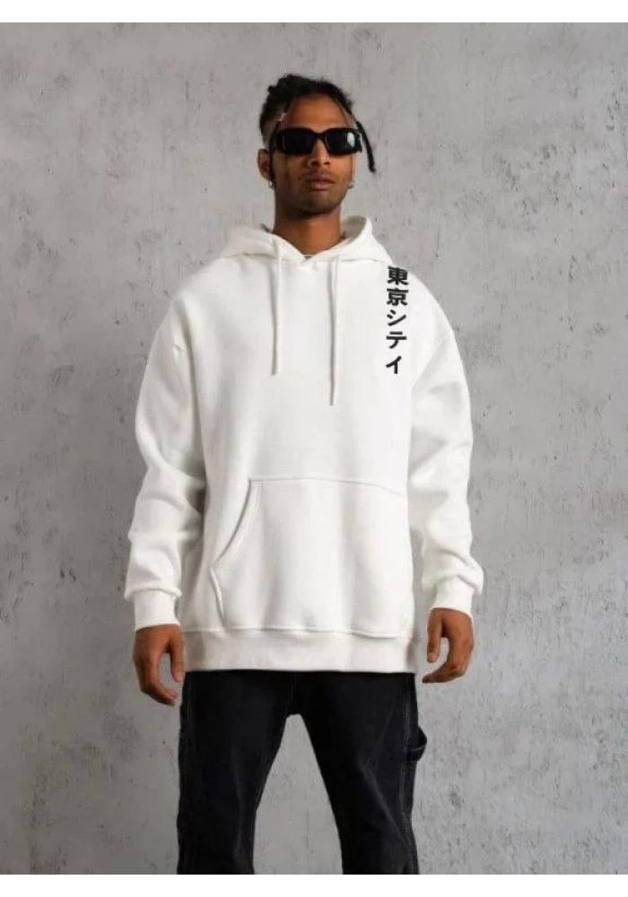 Erkek 3 İplik Pamuklu Kapüşonlu Baskılı Cepli Oversize Sweatshirt Hoodie - Beyaz
