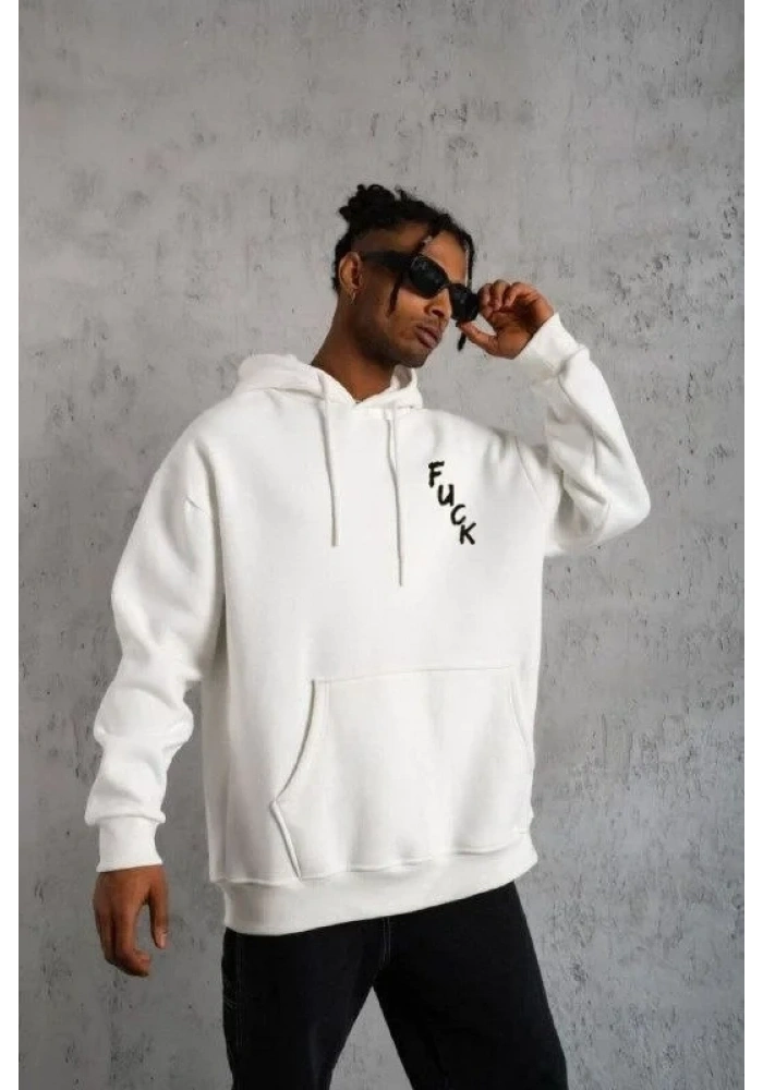 Erkek 3 İplik Pamuklu Kapüşonlu Baskılı Cepli Oversize Sweatshirt Hoodie - Beyaz