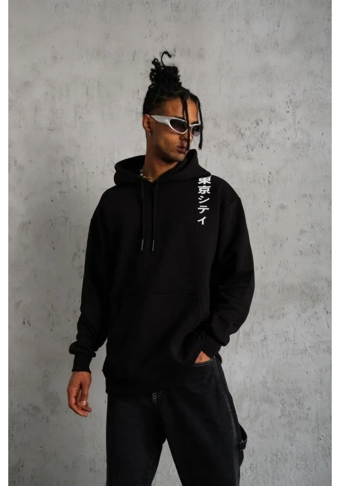 Erkek 3 İplik Pamuklu Kapüşonlu Baskılı Cepli Oversize Sweatshirt Hoodie - Siyah