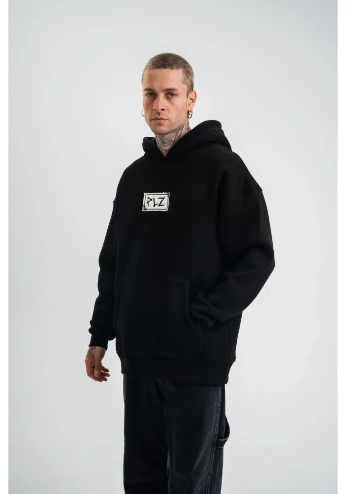 ERKEK 3 İplik Pamuklu Kapüşonlu Patchli Nakışlı Hoodie SweatShirt - Siyah