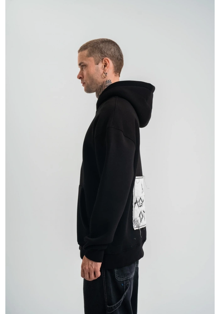 ERKEK 3 İplik Pamuklu Kapüşonlu Patchli Nakışlı Hoodie SweatShirt - Siyah