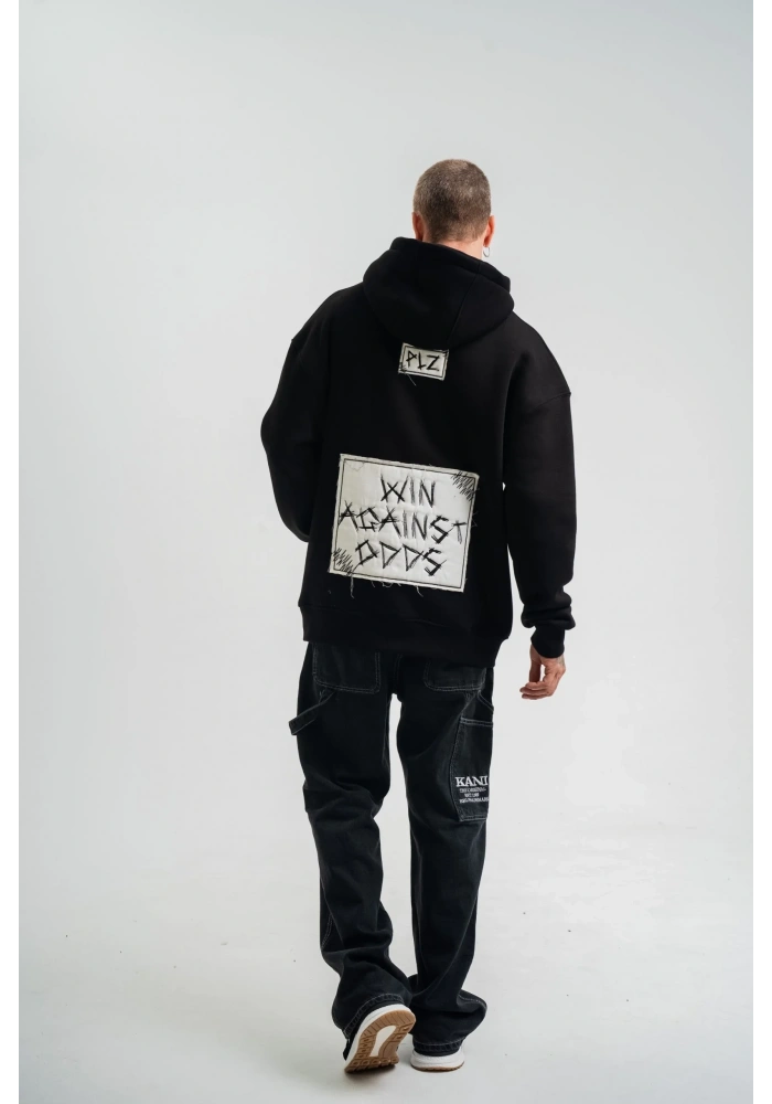 ERKEK 3 İplik Pamuklu Kapüşonlu Patchli Nakışlı Hoodie SweatShirt - Siyah