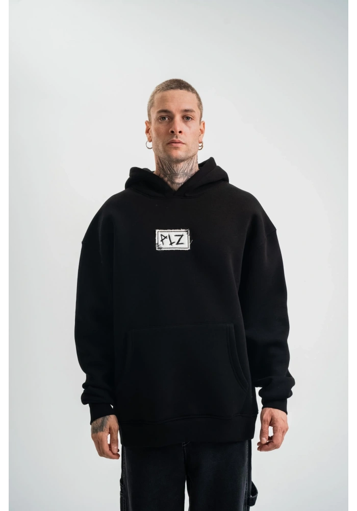 ERKEK 3 İplik Pamuklu Kapüşonlu Patchli Nakışlı Hoodie SweatShirt - Siyah