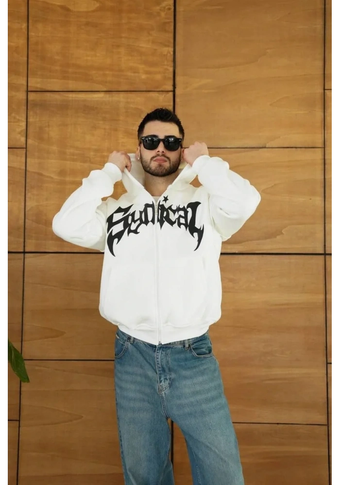 Erkek Kapüşonlu 3 İplik Şardonlu Önü Baskılı Fermuarlı Oversize Sweatshirt - Beyaz