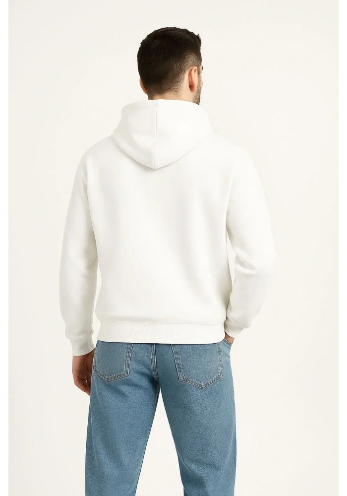 Erkek Kapüşonlu 3 İplik Şardonlu Önü Baskılı Fermuarlı Oversize Sweatshirt - Beyaz