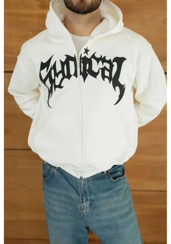 Erkek Kapüşonlu 3 İplik Şardonlu Önü Baskılı Fermuarlı Oversize Sweatshirt - Beyaz