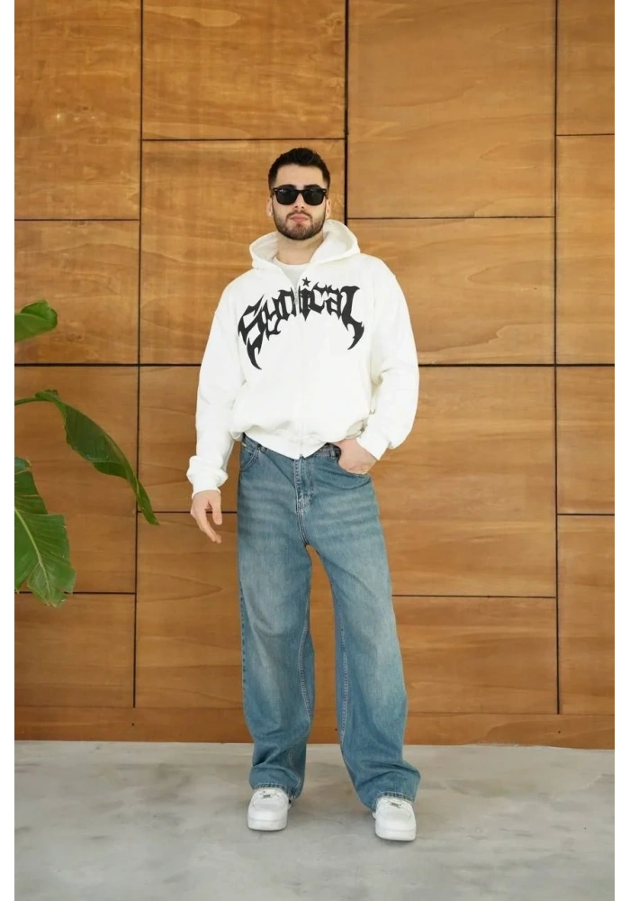 Erkek Kapüşonlu 3 İplik Şardonlu Önü Baskılı Fermuarlı Oversize Sweatshirt - Beyaz