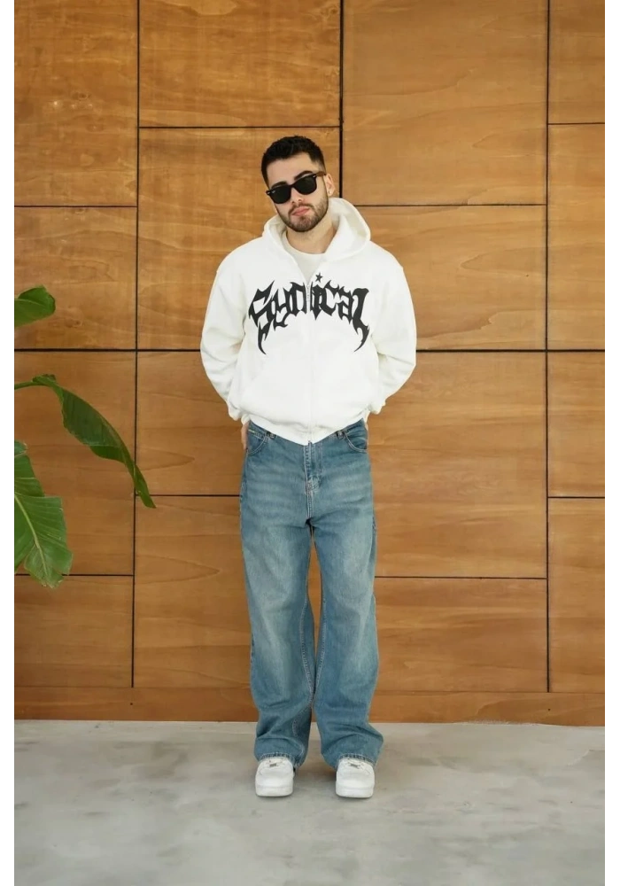 Erkek Kapüşonlu 3 İplik Şardonlu Önü Baskılı Fermuarlı Oversize Sweatshirt - Beyaz
