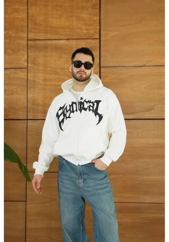 Erkek Kapüşonlu 3 İplik Şardonlu Önü Baskılı Fermuarlı Oversize Sweatshirt - Beyaz