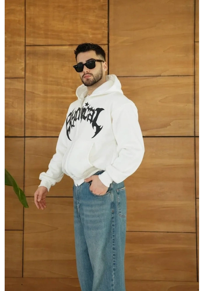 Erkek Kapüşonlu 3 İplik Şardonlu Önü Baskılı Fermuarlı Oversize Sweatshirt - Beyaz