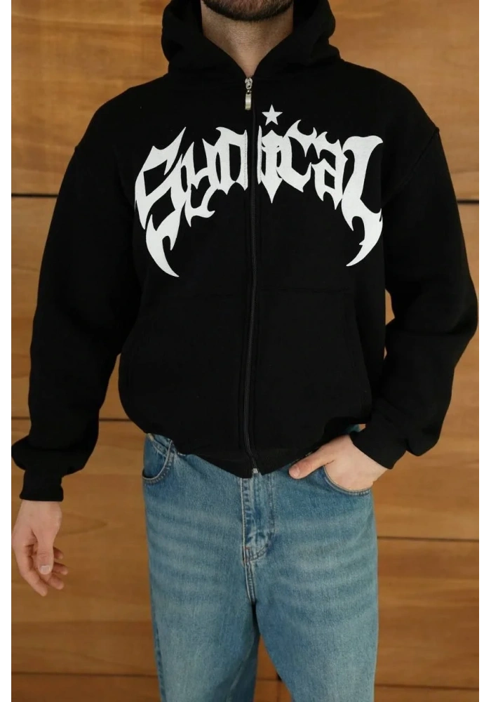 Erkek Kapüşonlu 3 İplik Şardonlu Önü Baskılı Fermuarlı Oversize Sweatshirt - Siyah