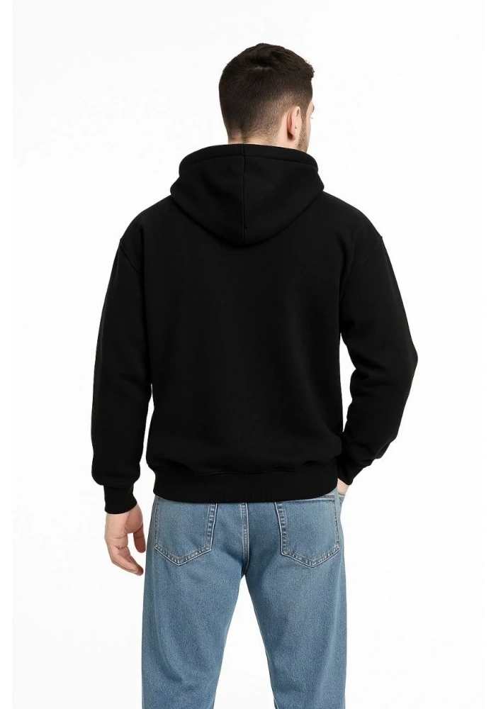 Erkek Kapüşonlu 3 İplik Şardonlu Önü Baskılı Fermuarlı Oversize Sweatshirt - Siyah