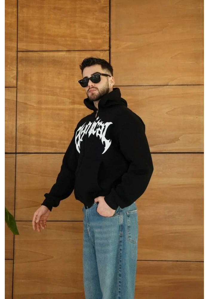 Erkek Kapüşonlu 3 İplik Şardonlu Önü Baskılı Fermuarlı Oversize Sweatshirt - Siyah