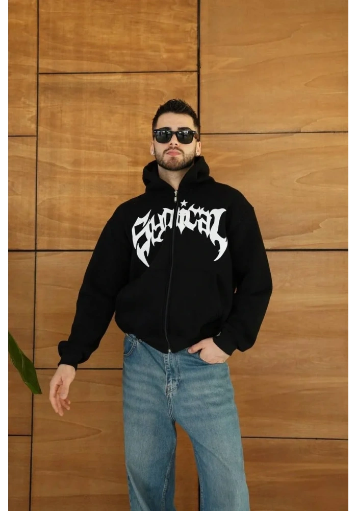 Erkek Kapüşonlu 3 İplik Şardonlu Önü Baskılı Fermuarlı Oversize Sweatshirt - Siyah