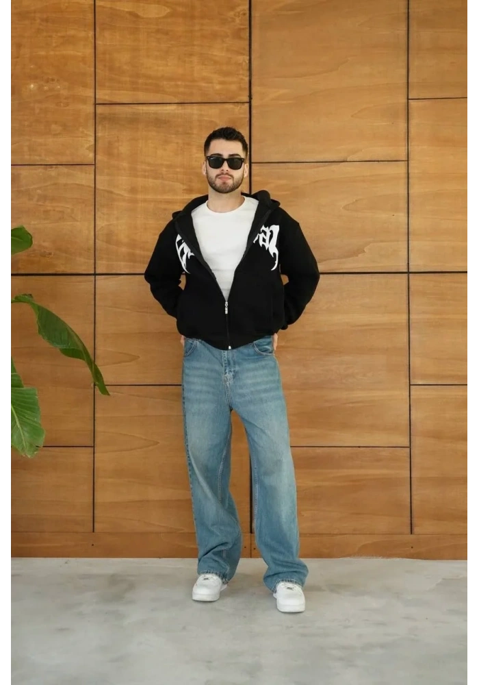 Erkek Kapüşonlu 3 İplik Şardonlu Önü Baskılı Fermuarlı Oversize Sweatshirt - Siyah