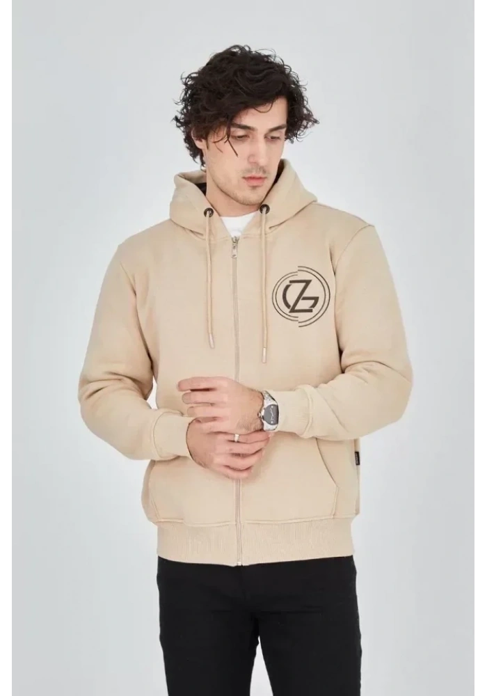 Erkek Kapüşonlu Baskılı Fermuarlı Hırka - Bej