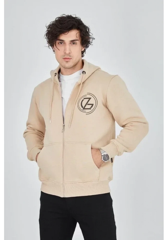 Erkek Kapüşonlu Baskılı Fermuarlı Hırka - Bej