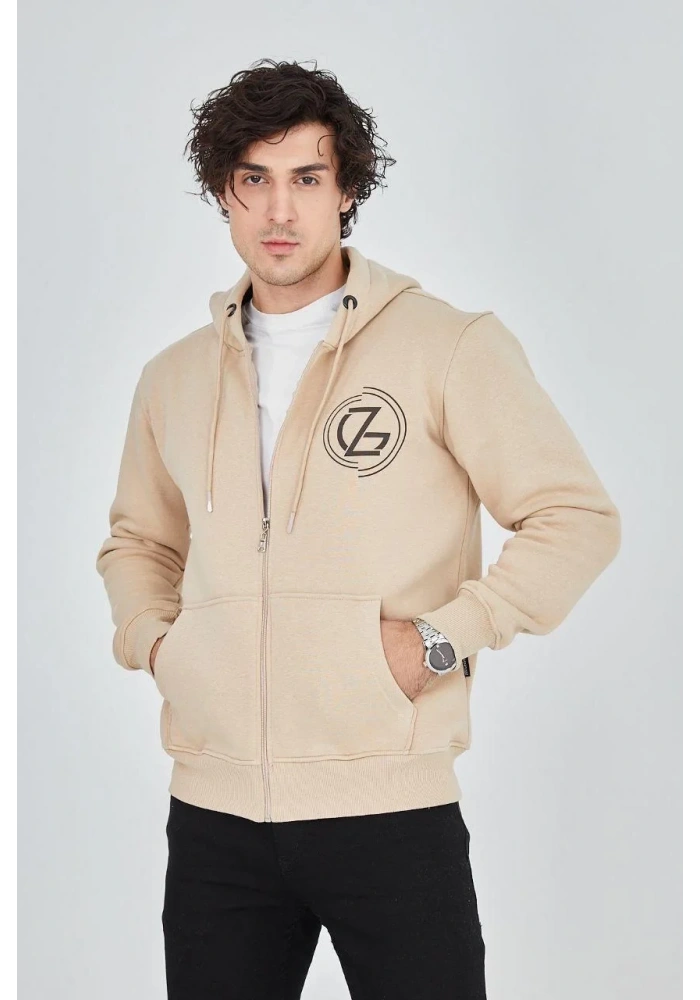 Erkek Kapüşonlu Baskılı Fermuarlı Hırka - Bej