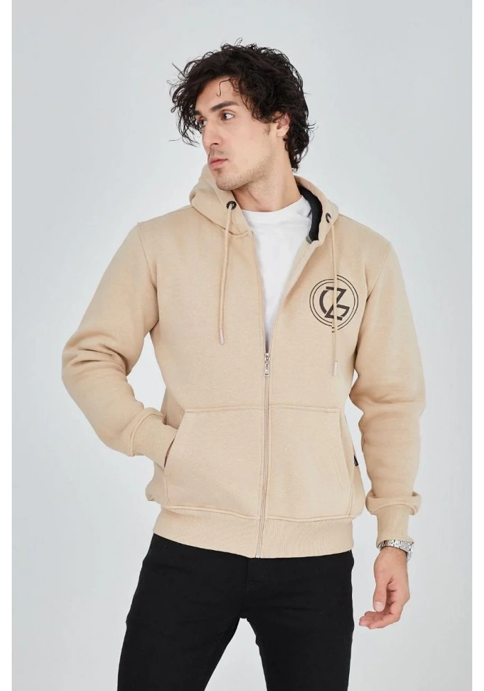 Erkek Kapüşonlu Baskılı Fermuarlı Hırka - Bej