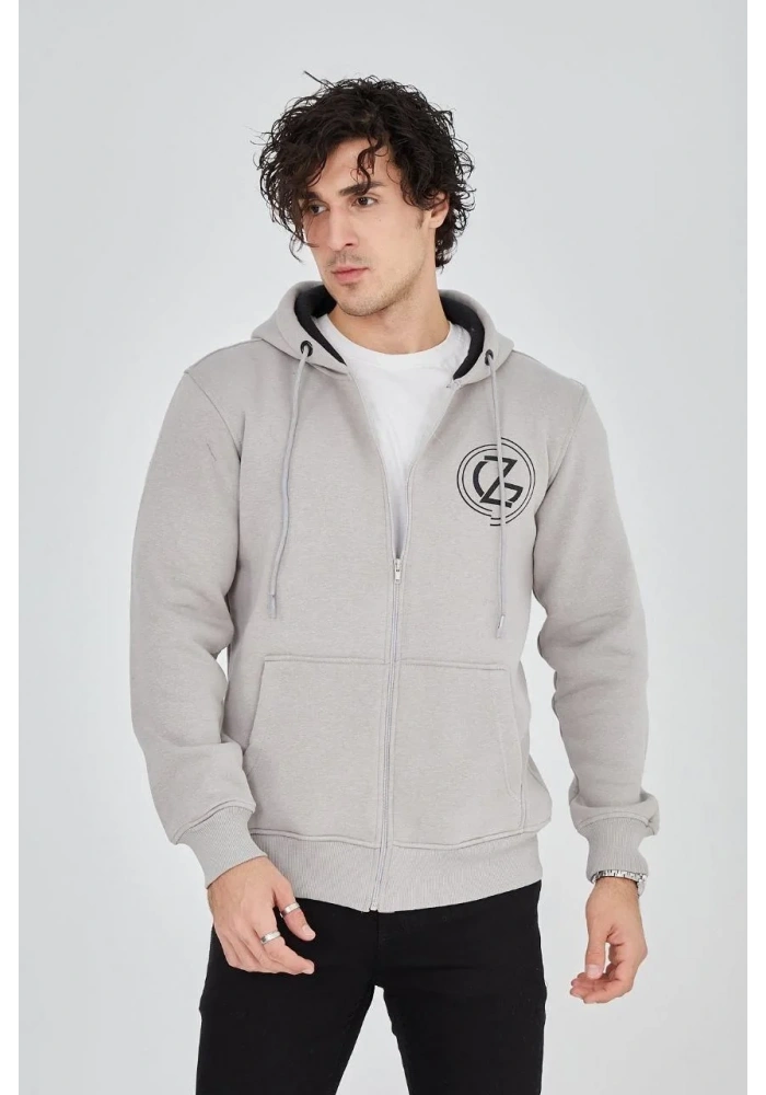 Erkek Kapüşonlu Baskılı Fermuarlı Hırka - Boyalı Gri