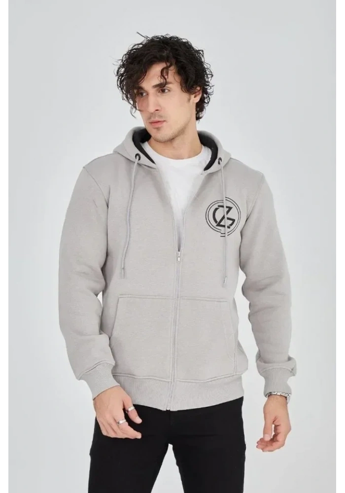 Erkek Kapüşonlu Baskılı Fermuarlı Hırka - Boyalı Gri