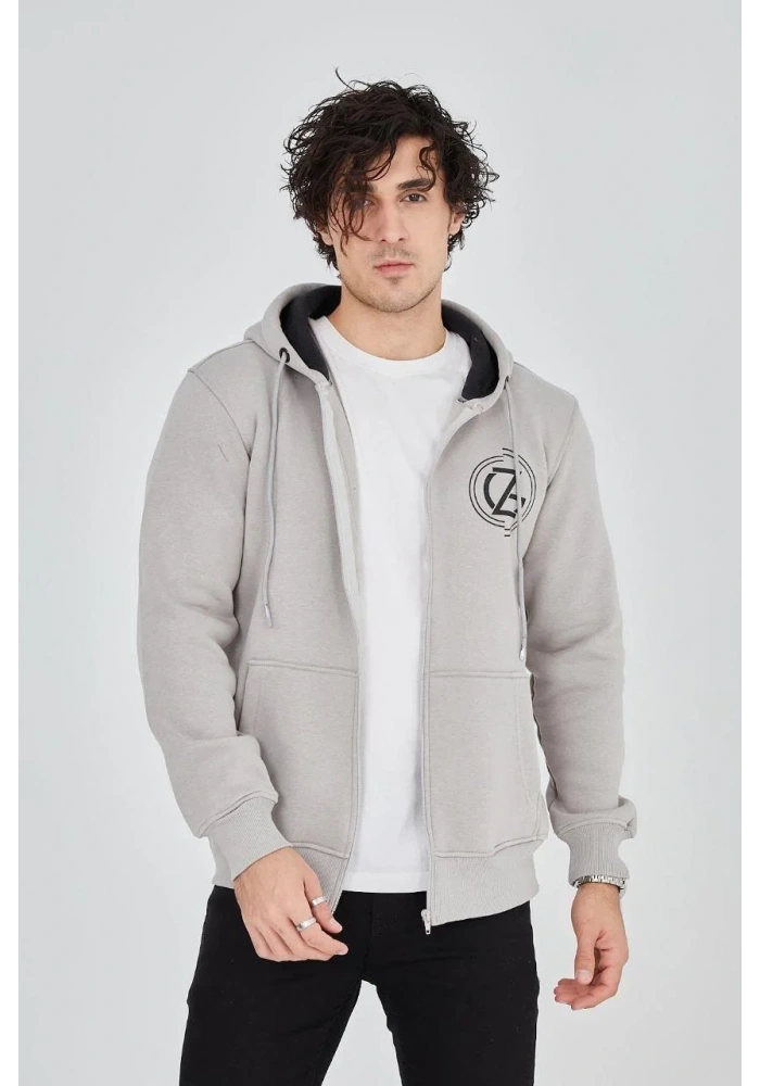 Erkek Kapüşonlu Baskılı Fermuarlı Hırka - Boyalı Gri