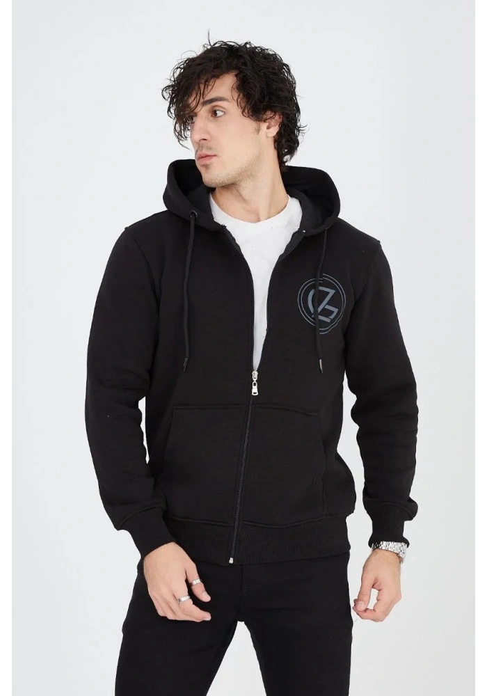 Erkek Kapüşonlu Z Baskılı Fermuarlı Hırka - Siyah