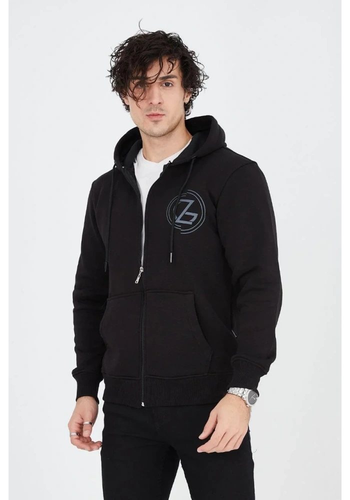 Erkek Kapüşonlu Z Baskılı Fermuarlı Hırka - Siyah